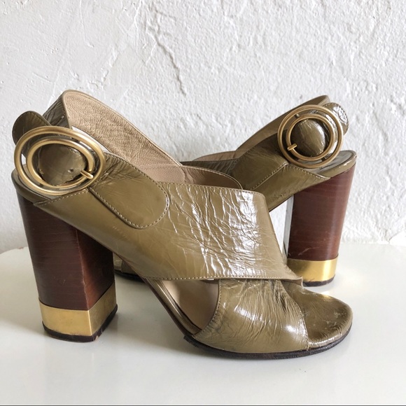 Chloe Shoes - Chloe Leather Olive Wooden Block Heels Sandals